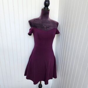 Express Purple Skater Off Shoulder Dress Romantic Short Sleeve Stretch Flare XS